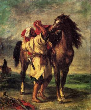 Eugene Delacroix : A Moroccan Saddling A Horse